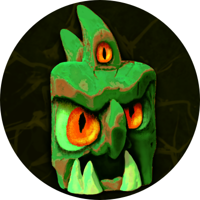 Carranca verde com expressão de raiva, olhos laranja, mostrando grandes dentes.